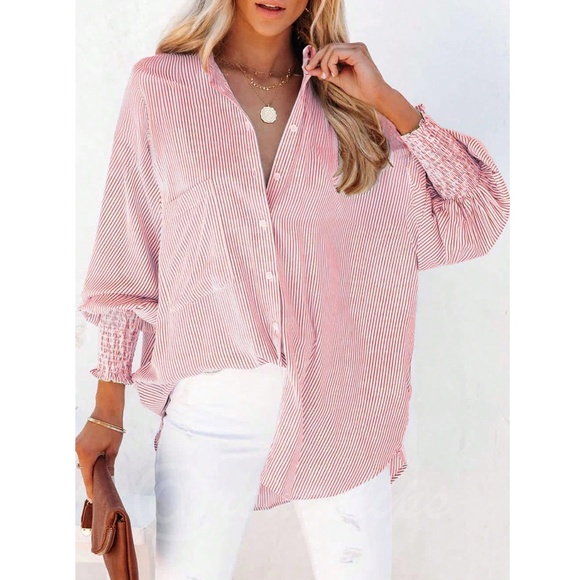 Striped White Red Loose Fitting Button Up Shirt Long Sleeve - Picture 3 of 11